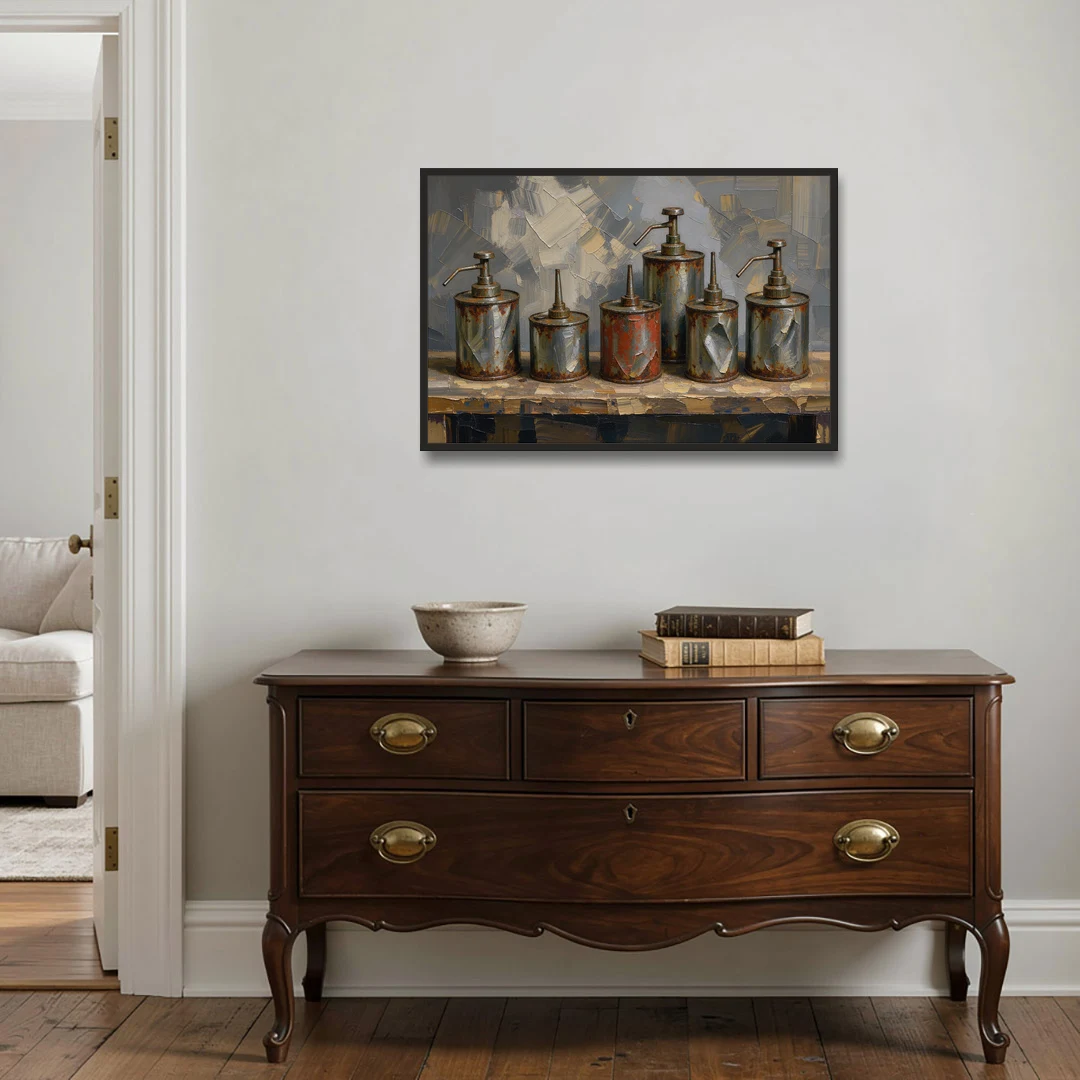 Five Rusty Oil Cans on a Worn Wooden Shelf - Black Framed Canvas Wall Art - Coffee Table - 36x24