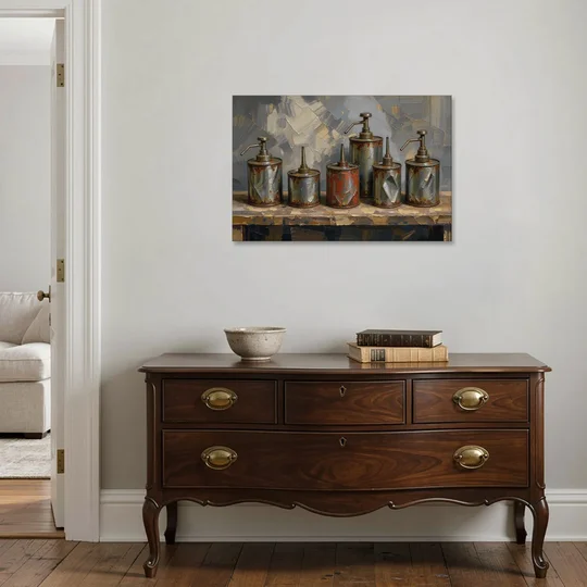 Five Rusty Oil Cans on a Worn Wooden Shelf - Canvas Wall Art - Coffee Table - 36x24