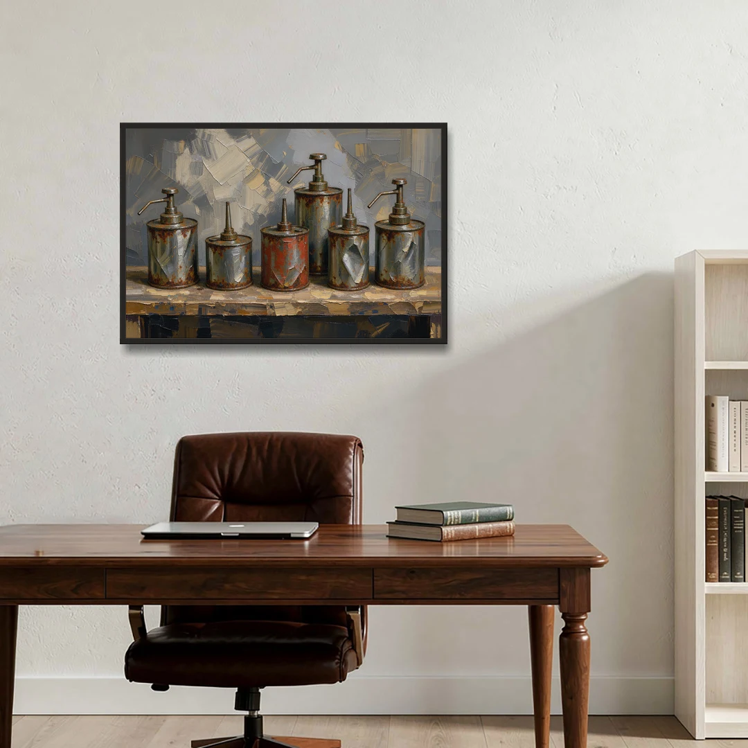 Five Rusty Oil Cans on a Worn Wooden Shelf - Black Framed Canvas Wall Art - Office - 36x24