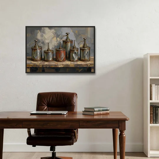Five Rusty Oil Cans on a Worn Wooden Shelf - Black Framed Canvas Wall Art - Office - 36x24