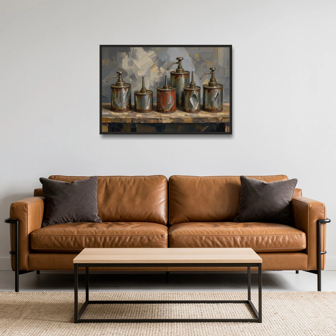 Five Rusty Oil Cans on a Worn Wooden Shelf - Black Framed Canvas Wall Art - Sofa - 36x24