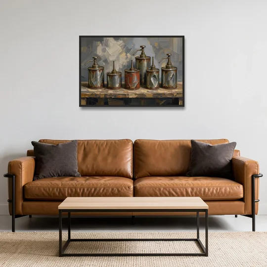 Five Rusty Oil Cans on a Worn Wooden Shelf - Black Framed Canvas Wall Art - Sofa - 36x24