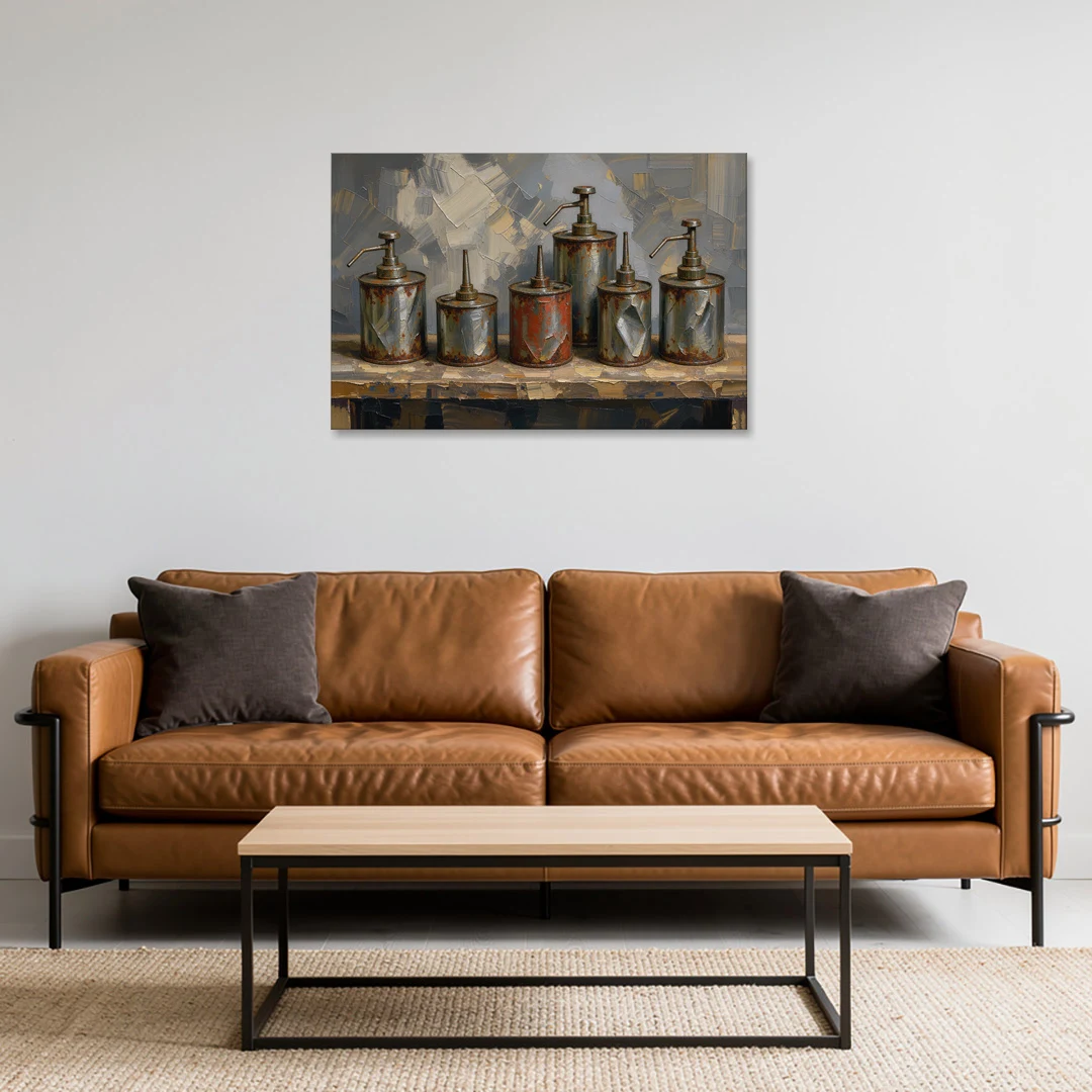 Five Rusty Oil Cans on a Worn Wooden Shelf - Canvas Wall Art - Sofa - 36x24