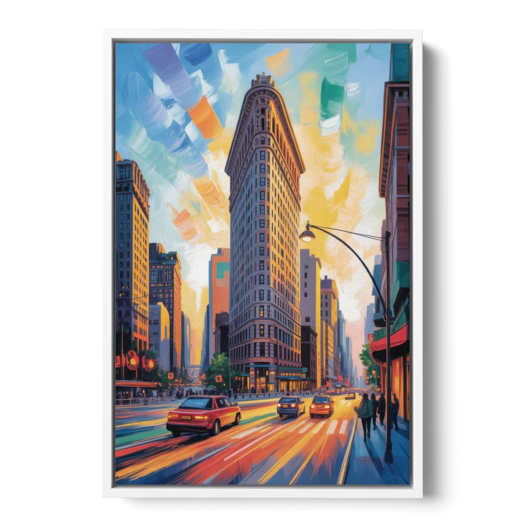 Flatiron Building Landmark - White Framed Canvas Wall Art - Front