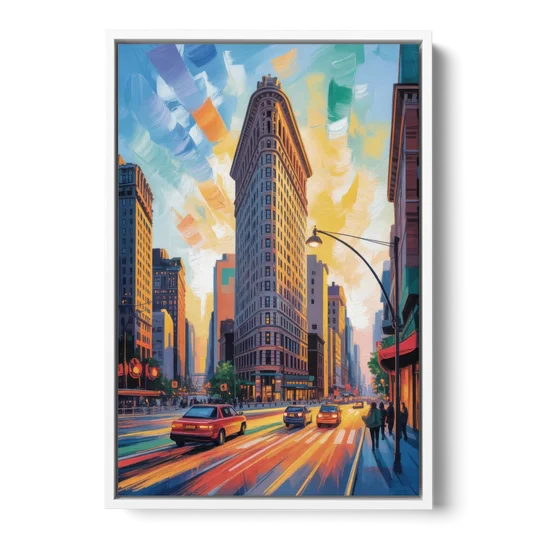 Flatiron Building Landmark - White Framed Canvas Wall Art - Front