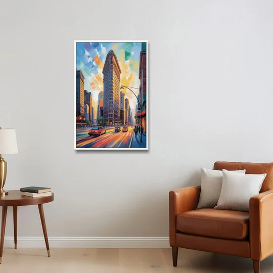 Flatiron Building Landmark - White Framed Canvas Wall Art - Sofa - 24x36