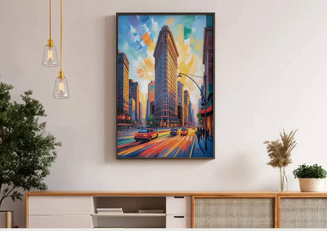 Flatiron Building Landmark canvas wall art above a wooden sideboard under pendant lights