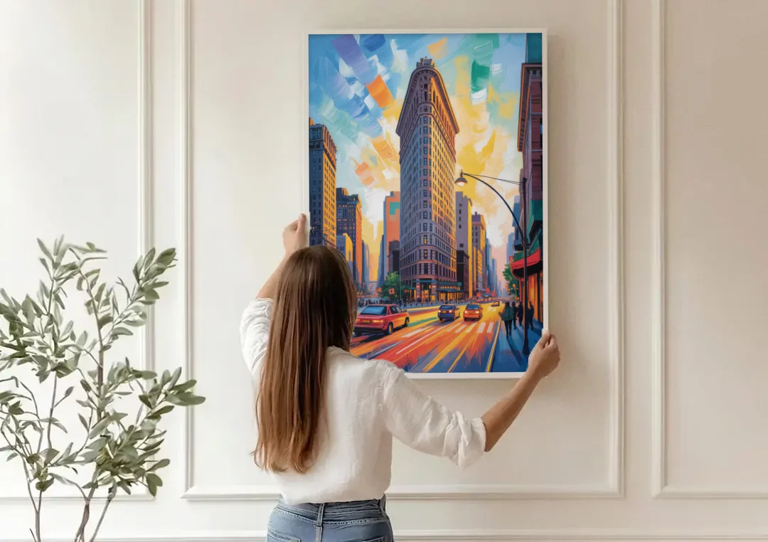 Flatiron Building Landmark canvas wall art being hung on a paneled wall