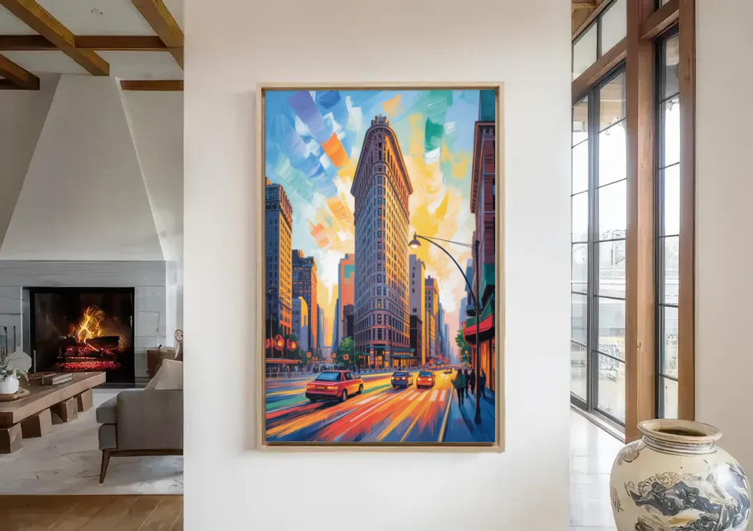Flatiron Building Landmark canvas wall art in a living room with a fireplace