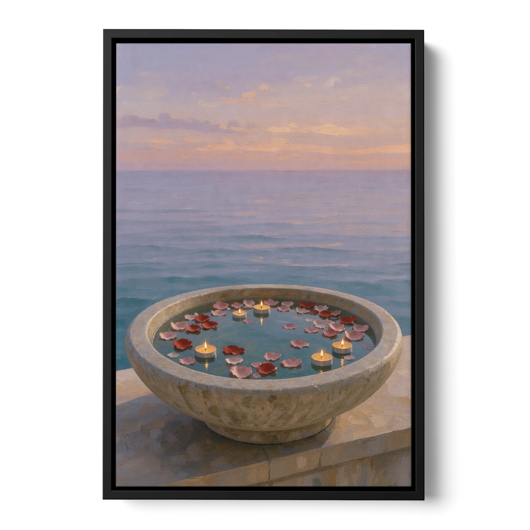 Floating Candle Basin for the Spa Bathroom - Black Framed Canvas Wall Art - Front