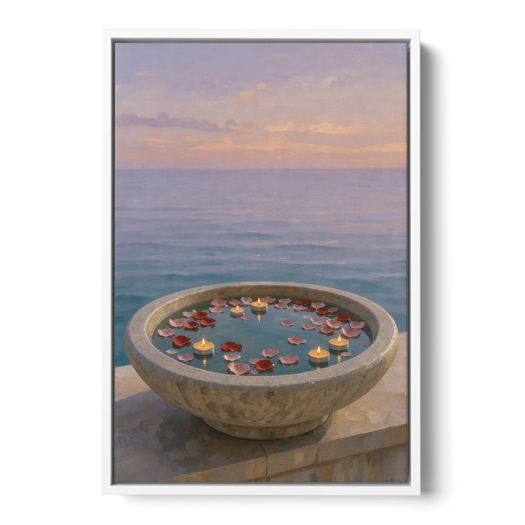 Floating Candle Basin for the Spa Bathroom - White Framed Canvas Wall Art - Front