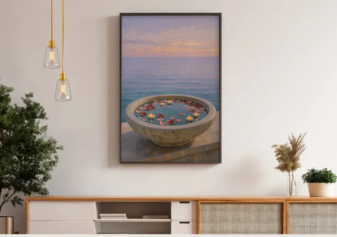 Floating Candle Basin for the Spa Bathroom canvas wall art above a wooden sideboard under pendant lights