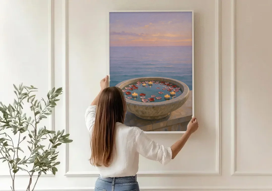 Floating Candle Basin for the Spa Bathroom canvas wall art being hung on a paneled wall