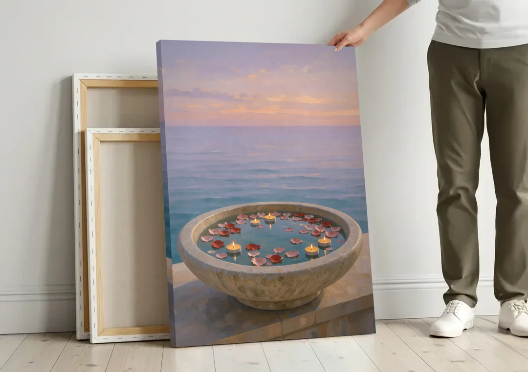 Floating Candle Basin for the Spa Bathroom canvas wall art leaning against a wall next to blank canvases