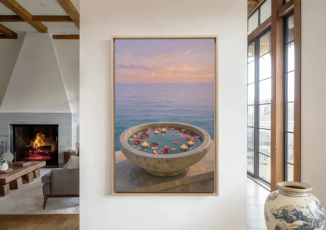 Floating Candle Basin for the Spa Bathroom canvas wall art in a living room with a fireplace