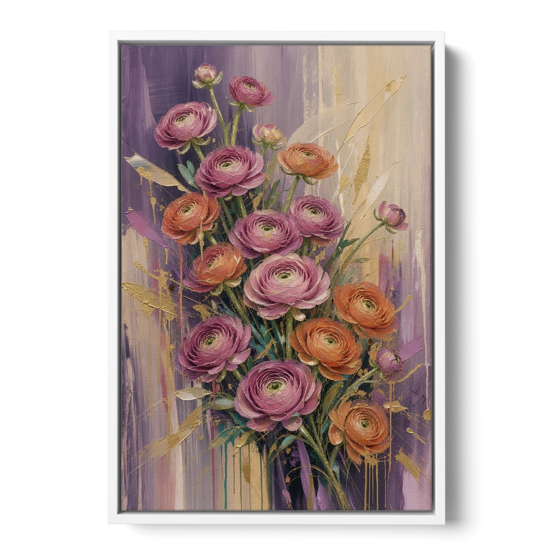 Floral Canvas Prints of Mauve and Coral Ranunculus - White Framed Canvas Wall Art - Front