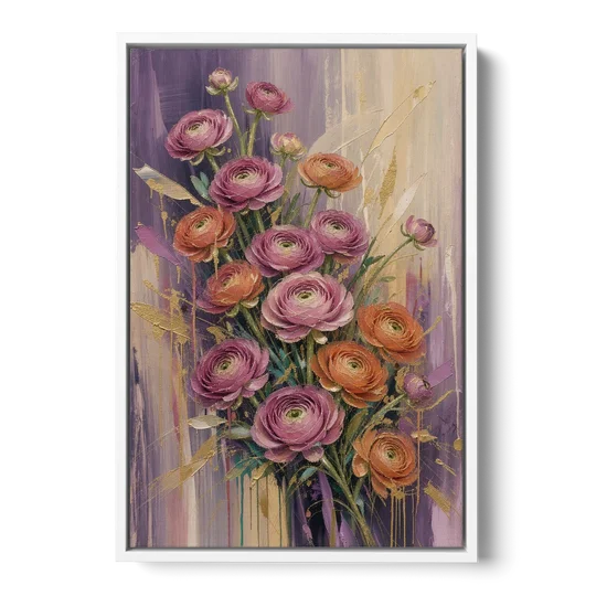 Floral Canvas Prints of Mauve and Coral Ranunculus - White Framed Canvas Wall Art - Front