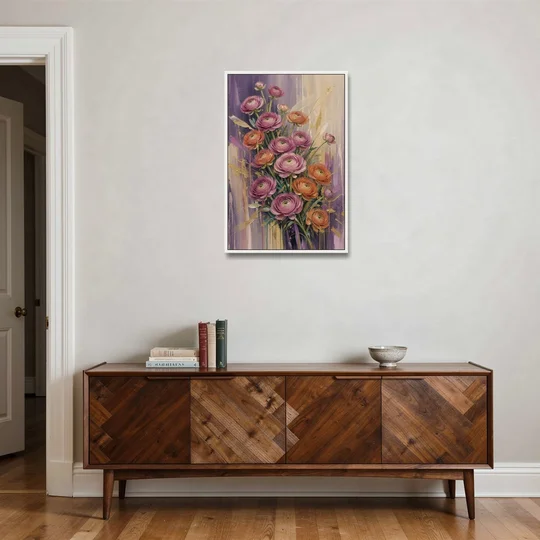 Floral Canvas Prints of Mauve and Coral Ranunculus - White Framed Canvas Wall Art - Coffee Table - 24x36