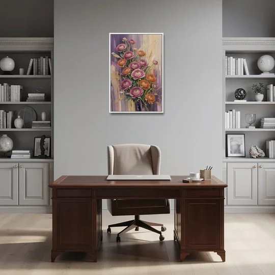 Floral Canvas Prints of Mauve and Coral Ranunculus - White Framed Canvas Wall Art - Office - 24x36