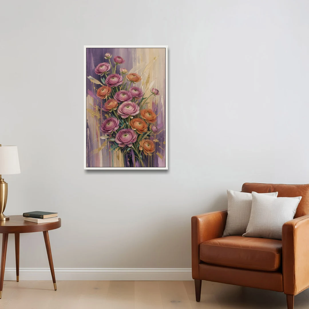 Floral Canvas Prints of Mauve and Coral Ranunculus - White Framed Canvas Wall Art - Sofa - 24x36