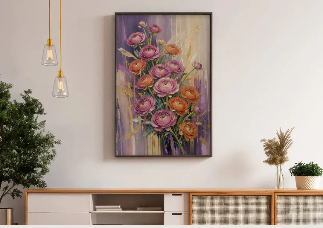 Floral Canvas Prints of Mauve and Coral Ranunculus canvas wall art above a wooden sideboard under pendant lights