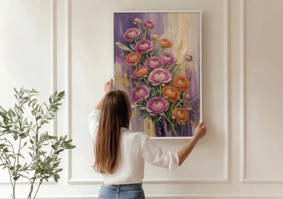 Floral Canvas Prints of Mauve and Coral Ranunculus canvas wall art being hung on a paneled wall
