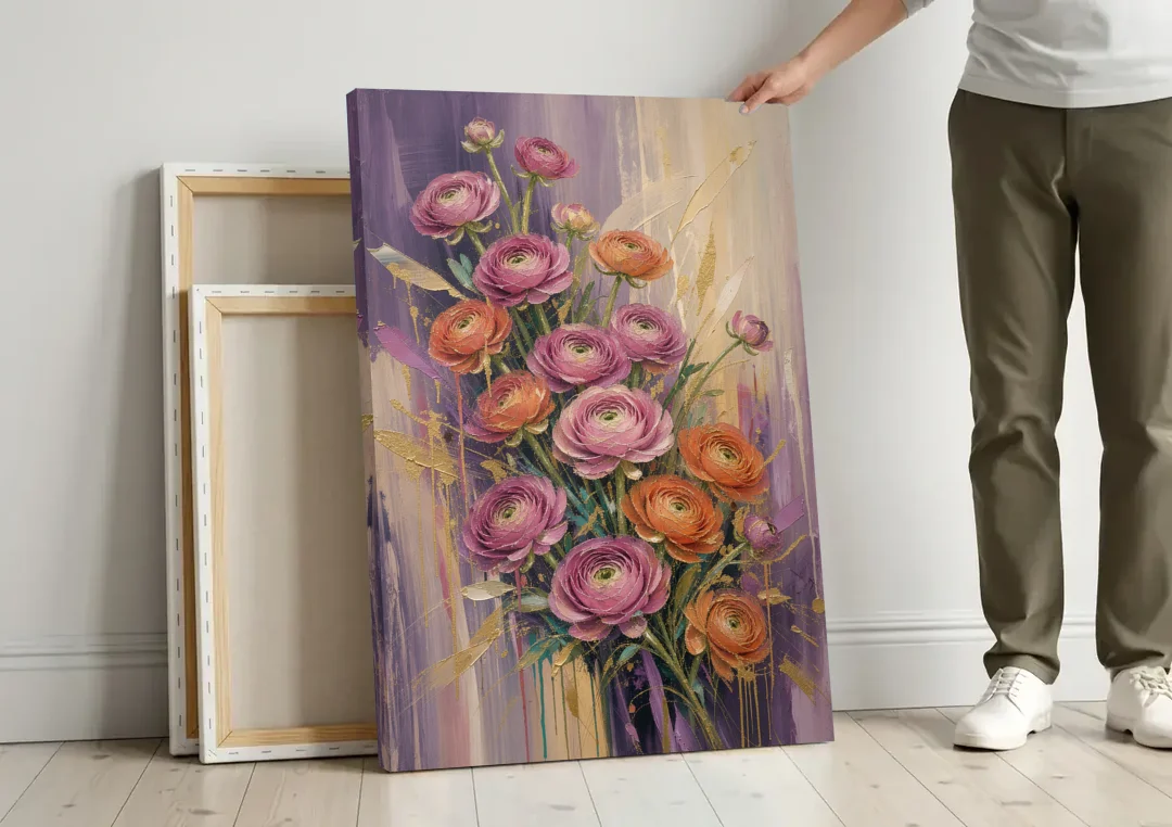 Floral Canvas Prints of Mauve and Coral Ranunculus canvas wall art leaning against a wall next to blank canvases