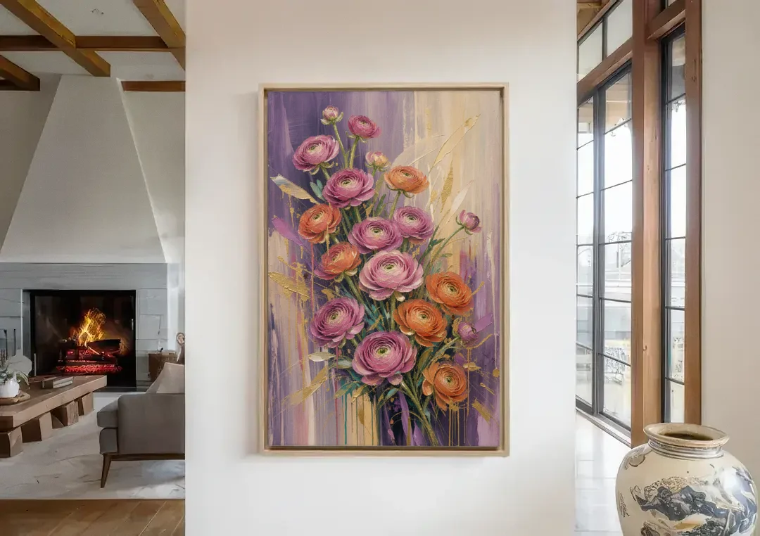 Floral Canvas Prints of Mauve and Coral Ranunculus canvas wall art in a living room with a fireplace