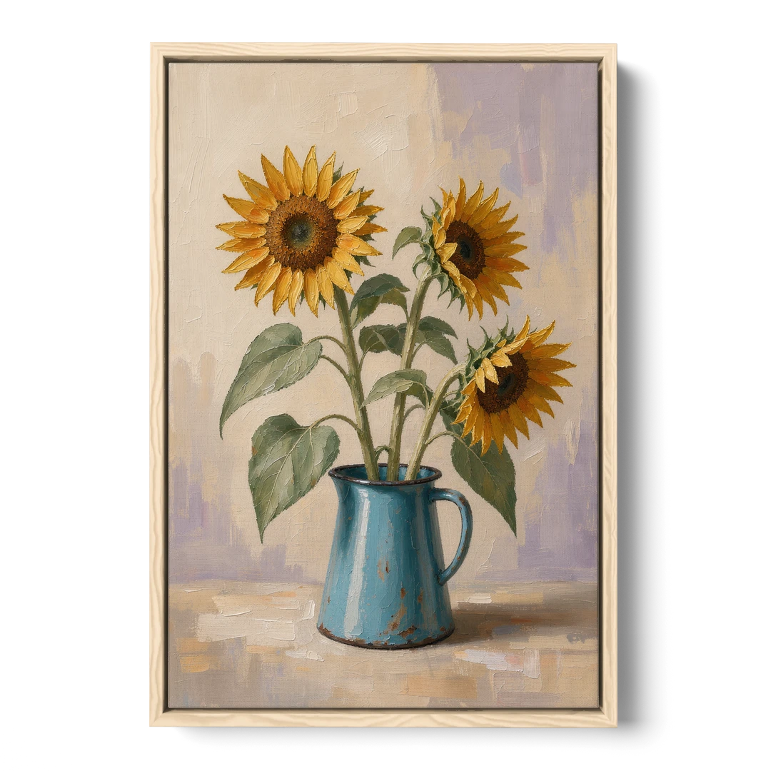 Floral Wall Art for Living Room with Sunflowers - Oak Framed Canvas Wall Art - Front