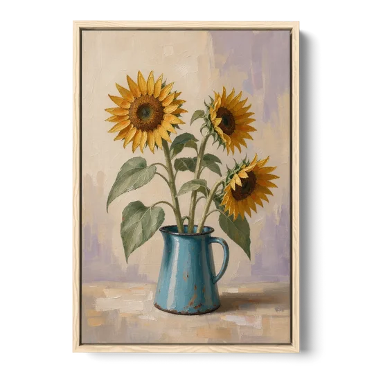 Floral Wall Art for Living Room with Sunflowers - Oak Framed Canvas Wall Art - Front