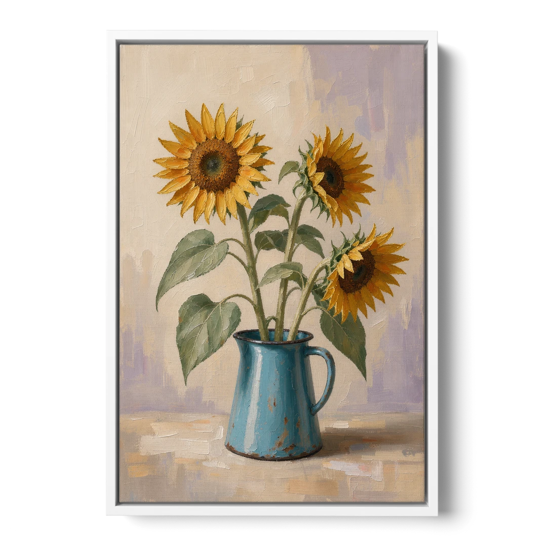 Floral Wall Art for Living Room with Sunflowers - White Framed Canvas Wall Art - Front