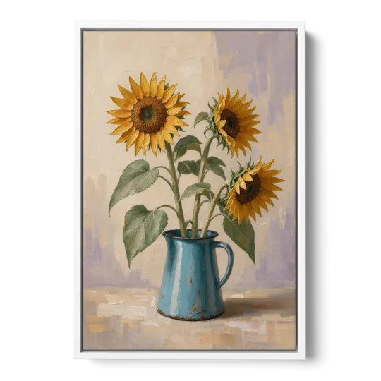 Floral Wall Art for Living Room with Sunflowers - White Framed Canvas Wall Art - Front