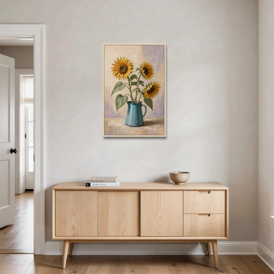 Floral Wall Art for Living Room with Sunflowers - Oak Framed Canvas Wall Art - Coffee Table - 24x36