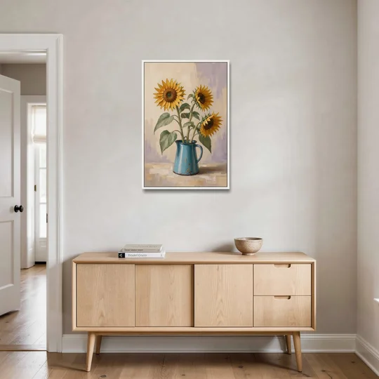 Floral Wall Art for Living Room with Sunflowers - White Framed Canvas Wall Art - Coffee Table - 24x36