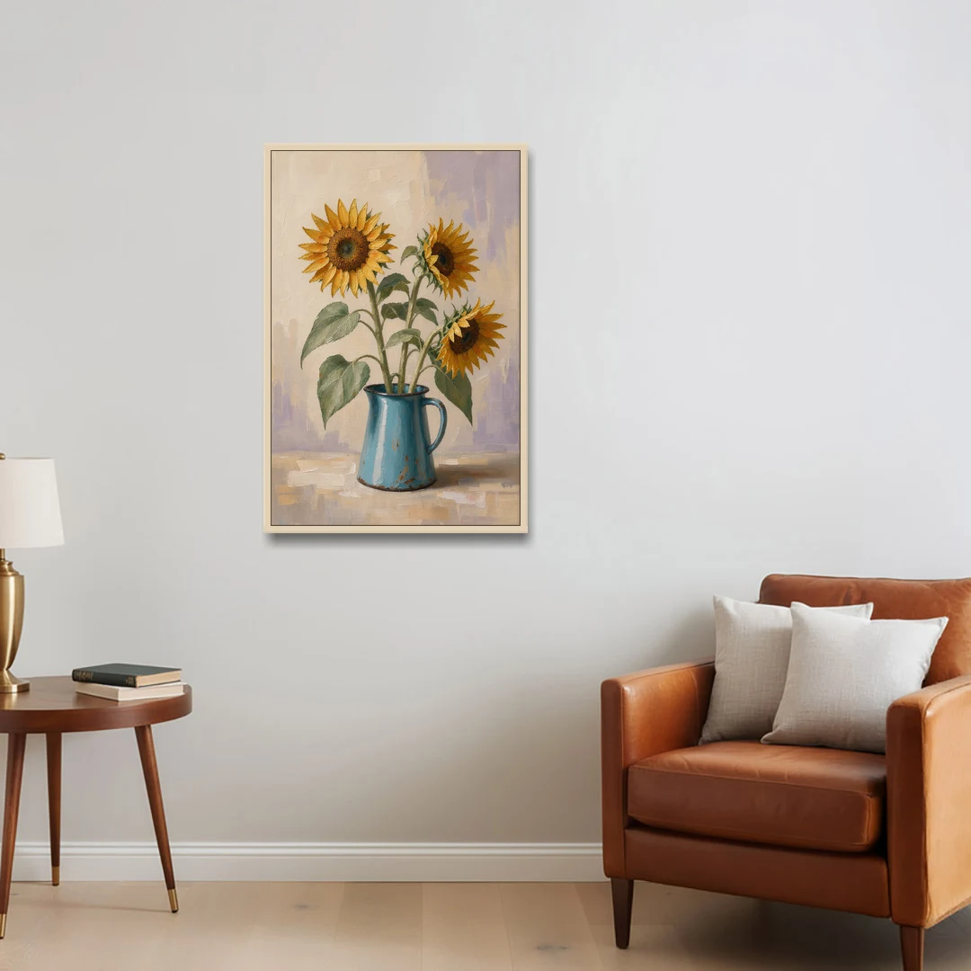 Floral Wall Art for Living Room with Sunflowers - Oak Framed Canvas Wall Art - Sofa - 24x36