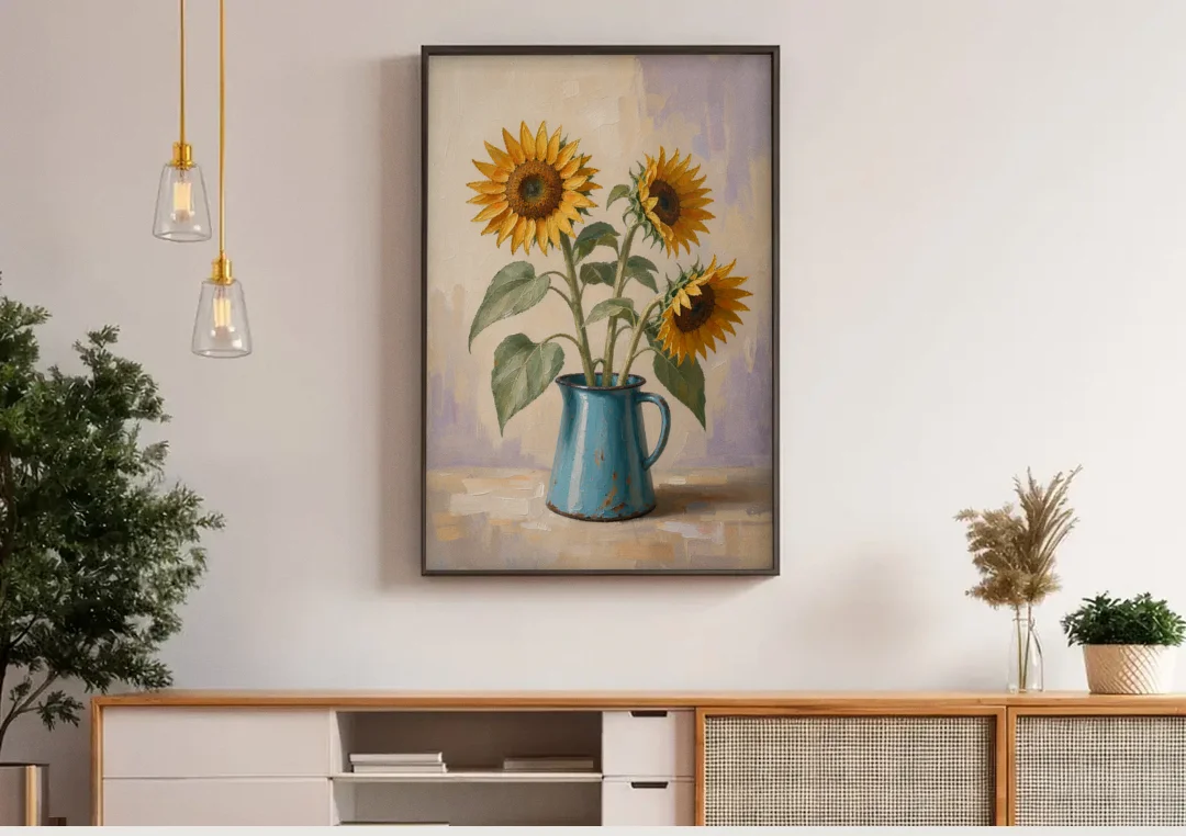 Floral Wall Art for Living Room with Sunflowers canvas wall art above a wooden sideboard under pendant lights