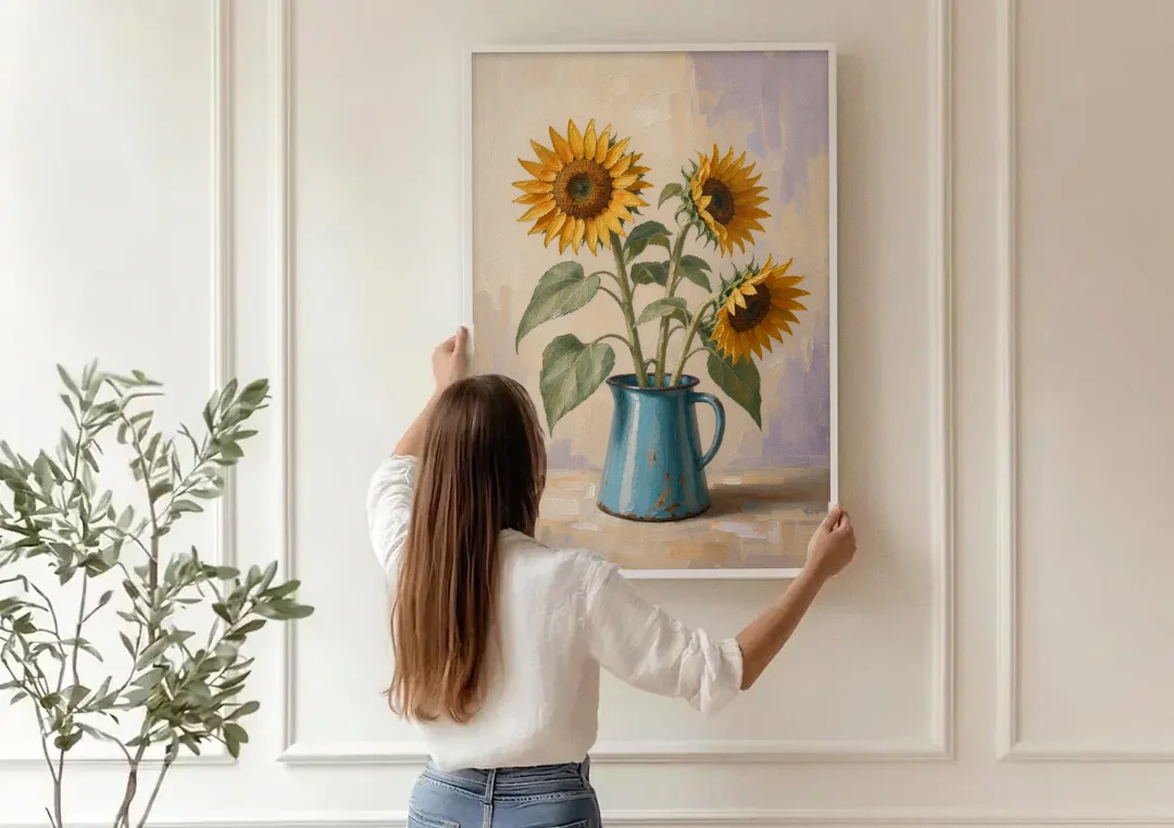 Floral Wall Art for Living Room with Sunflowers canvas wall art being hung on a paneled wall