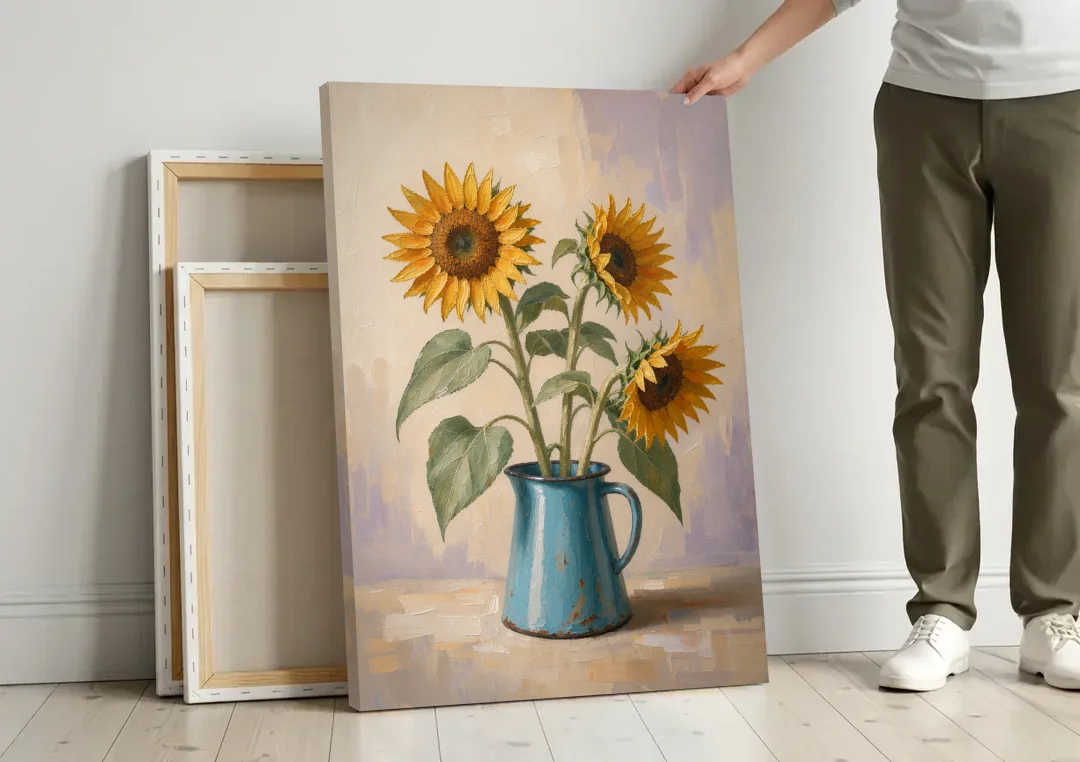 Floral Wall Art for Living Room with Sunflowers canvas wall art leaning against a wall next to blank canvases