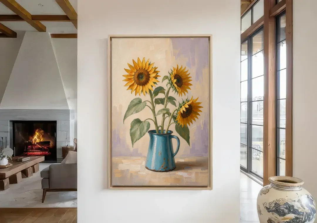 Floral Wall Art for Living Room with Sunflowers canvas wall art in a living room with a fireplace