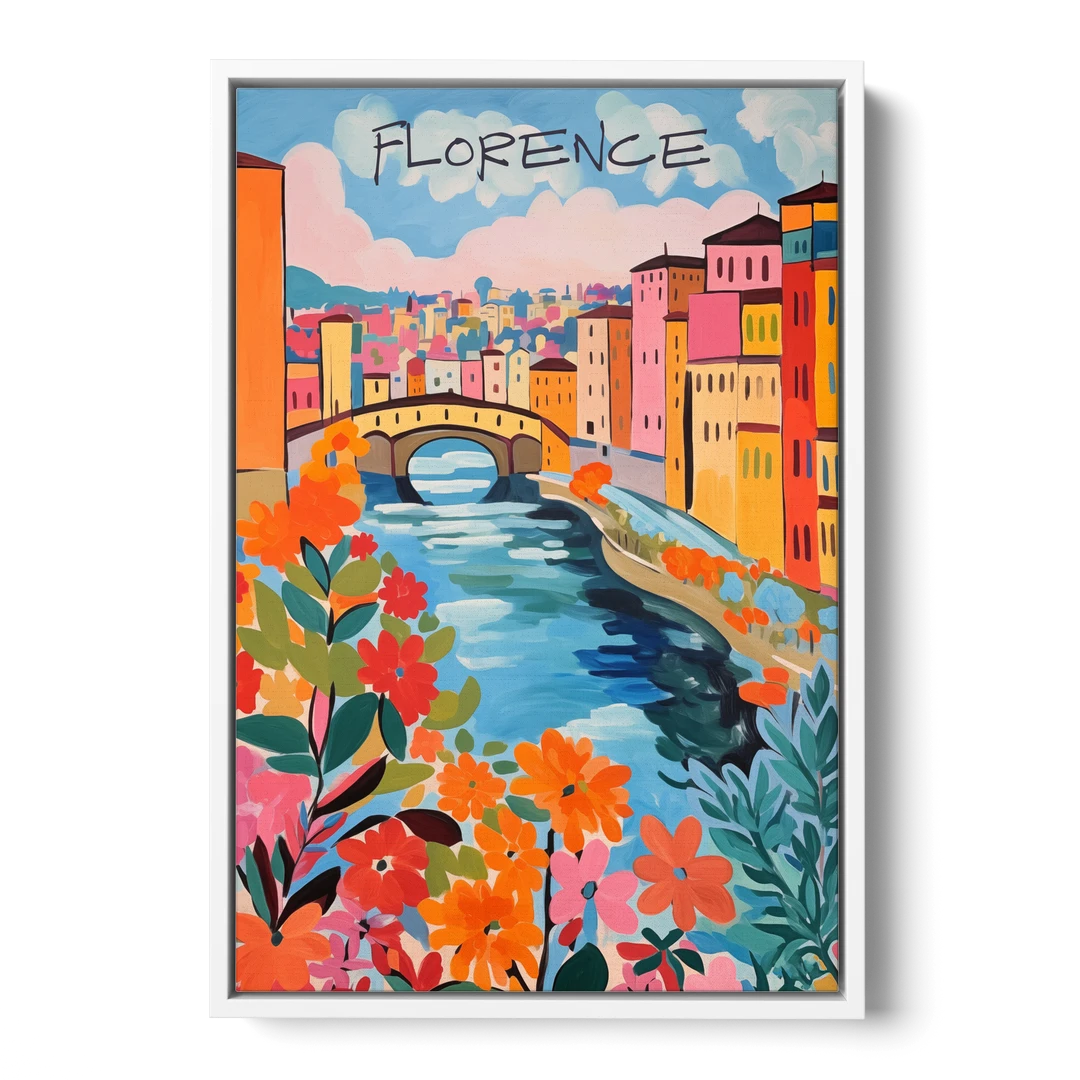 Florence Painting of the Arno in Bloom - White Framed Canvas Wall Art - Front