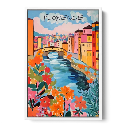 Florence Painting of the Arno in Bloom - White Framed Canvas Wall Art - Front