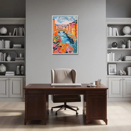 Florence Painting of the Arno in Bloom - White Framed Canvas Wall Art - Office - 24x36
