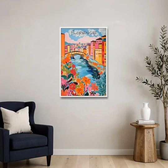 Florence Painting of the Arno in Bloom - White Framed Canvas Wall Art - Sofa - 24x36