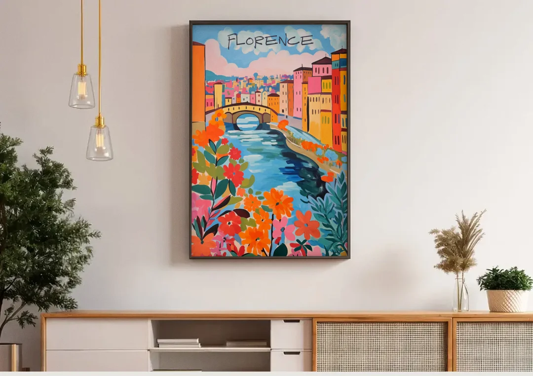 Florence Painting of the Arno in Bloom canvas wall art above a wooden sideboard under pendant lights