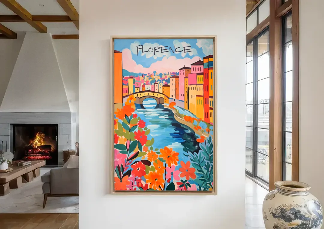 Florence Painting of the Arno in Bloom canvas wall art in a living room with a fireplace