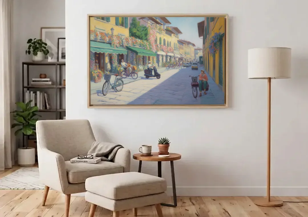 Florentine Streets canvas wall art above an armchair in a bright living room
