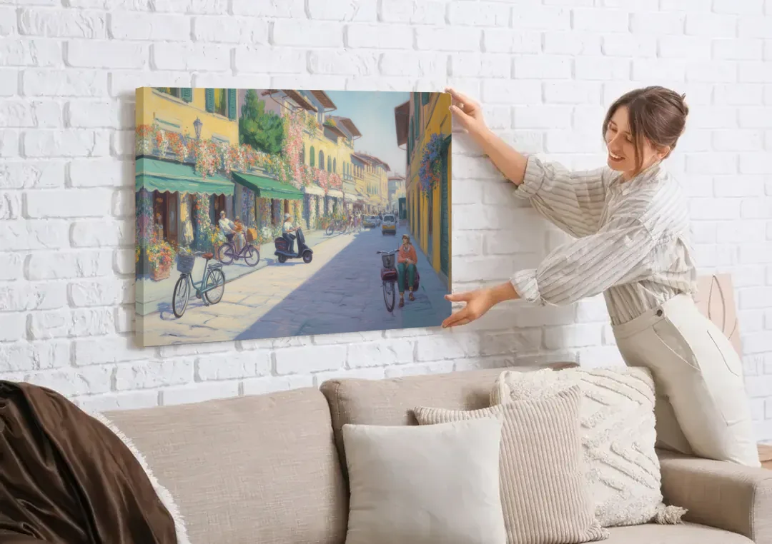 Florentine Streets canvas wall art being hung on a white brick wall above a sofa