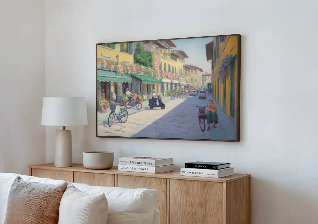 Florentine Streets canvas wall art above a wooden sideboard next to a sofa