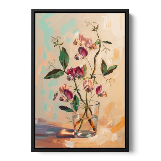 Flower Art Prints Sweet Peas in a Glass - Black Framed Canvas Wall Art - Front