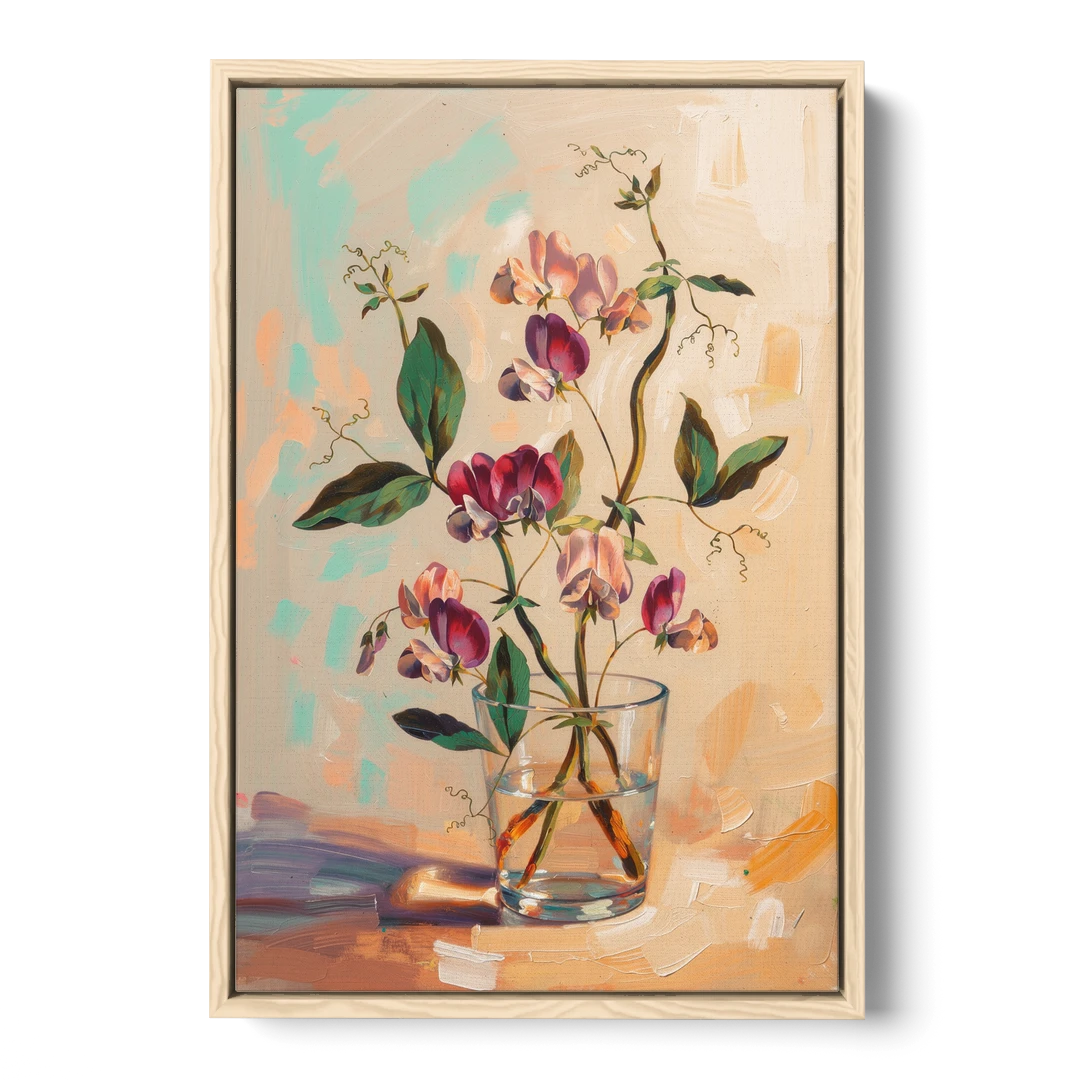 Flower Art Prints Sweet Peas in a Glass - Oak Framed Canvas Wall Art - Front